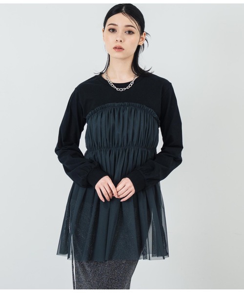 ANAP(アナップ)の「チュールドッキングロンT(Tシャツ/カットソー・レディース・ホワイト/ブラック・FREE)」の5枚目の写真