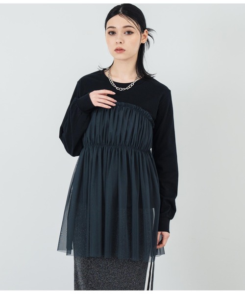 ANAP(アナップ)の「チュールドッキングロンT(Tシャツ/カットソー・レディース・ホワイト/ブラック・FREE)」の4枚目の写真