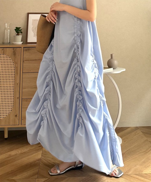 春名亜美 FROM FIRST Musee コットン ワンピ 春名亜美さんコラボ ] シャーリングフリルワンピース
