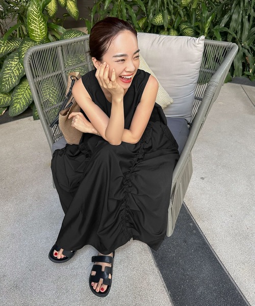 春名亜美 FROM FIRST Musee コットン ワンピ 春名亜美さんコラボ ] シャーリングフリルワンピース