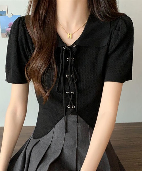 Jasmine Grandiflorum(ジャスミングランディフローラム)の「【Jasmine】レースアップショート丈半袖トップス (SS)(Tシャツ/カットソー・レディース・ブラック/ホワイト/ベージュ・FREE)」の2枚目の写真