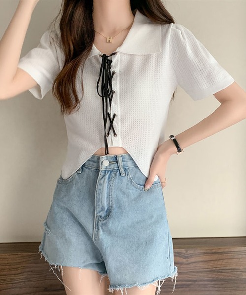 Jasmine Grandiflorum(ジャスミングランディフローラム)の「【Jasmine】レースアップショート丈半袖トップス (SS)(Tシャツ/カットソー・レディース・ブラック/ホワイト/ベージュ・FREE)」の5枚目の写真