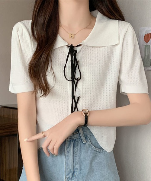 Jasmine Grandiflorum(ジャスミングランディフローラム)の「【Jasmine】レースアップショート丈半袖トップス (SS)(Tシャツ/カットソー・レディース・ブラック/ホワイト/ベージュ・FREE)」の6枚目の写真