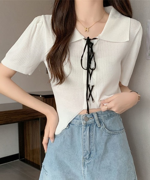 Jasmine Grandiflorum(ジャスミングランディフローラム)の「【Jasmine】レースアップショート丈半袖トップス (SS)(Tシャツ/カットソー・レディース・ブラック/ホワイト/ベージュ・FREE)」の7枚目の写真