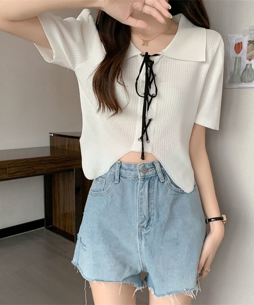 Jasmine Grandiflorum(ジャスミングランディフローラム)の「【Jasmine】レースアップショート丈半袖トップス (SS)(Tシャツ/カットソー・レディース・ブラック/ホワイト/ベージュ・FREE)」の9枚目の写真