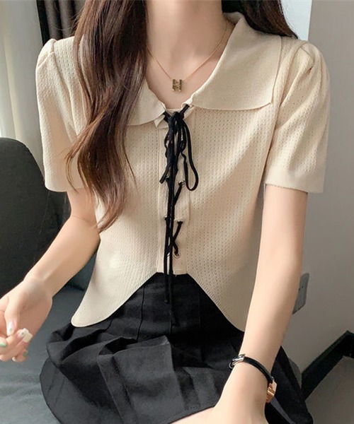 Jasmine Grandiflorum(ジャスミングランディフローラム)の「【Jasmine】レースアップショート丈半袖トップス (SS)(Tシャツ/カットソー・レディース・ブラック/ホワイト/ベージュ・FREE)」の10枚目の写真