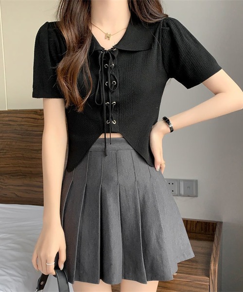 Jasmine Grandiflorum(ジャスミングランディフローラム)の「【Jasmine】レースアップショート丈半袖トップス (SS)(Tシャツ/カットソー・レディース・ブラック/ホワイト/ベージュ・FREE)」の12枚目の写真