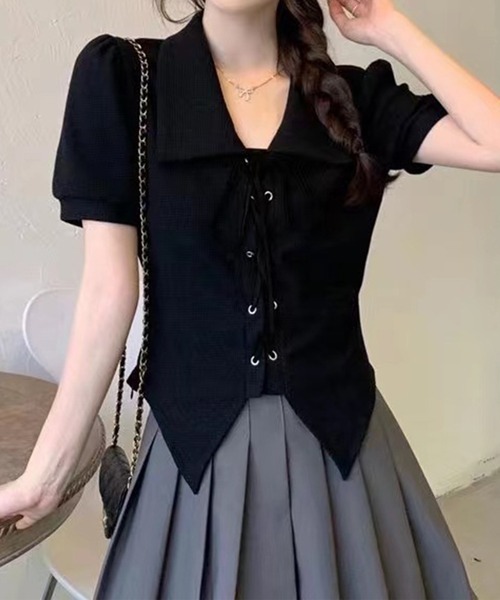 Jasmine Grandiflorum(ジャスミングランディフローラム)の「【Jasmine】レースアップショート丈半袖トップス (SS)(Tシャツ/カットソー・レディース・ブラック/ホワイト/ベージュ・FREE)」の15枚目の写真