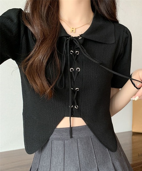 Jasmine Grandiflorum(ジャスミングランディフローラム)の「【Jasmine】レースアップショート丈半袖トップス (SS)(Tシャツ/カットソー・レディース・ブラック/ホワイト/ベージュ・FREE)」の21枚目の写真