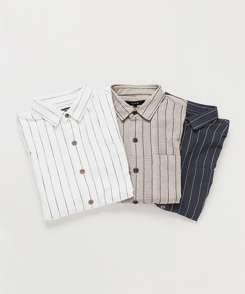 LIL VENDARS（リルヴェンダース）の「Buyer's Select/綿麻オーバーサイズレギュラーカラーストライプ半袖シャツ（シャツ/ブラウス・メンズ・オフホワイト/ネイビー/ベージュ・L/M）」の21枚目の写真