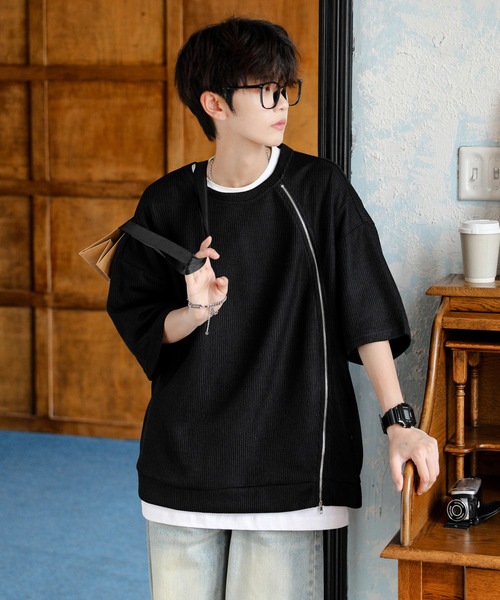 neos（ネオス）の「【neos】ルーズシルエット ショート丈 ZIP 切替 サーマル ハーフスリーブ カットソー（Tシャツ/カットソー・メンズ・ブラック/グレー/ブルー・MEDIUM/LARGE）」の4枚目の写真