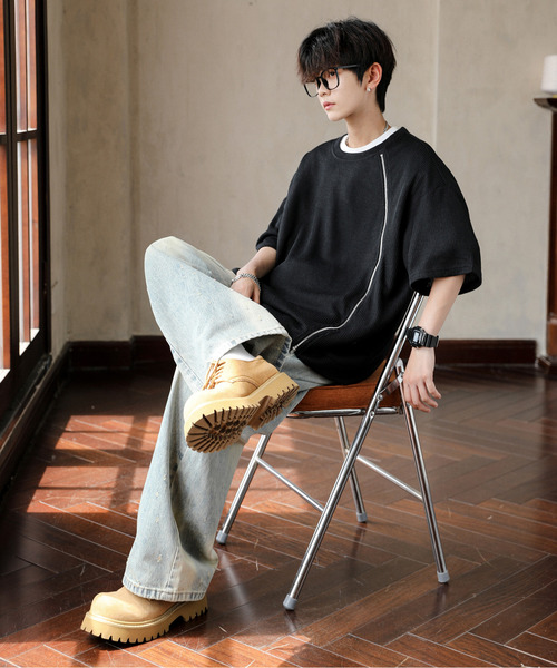 neos（ネオス）の「【neos】ルーズシルエット ショート丈 ZIP 切替 サーマル ハーフスリーブ カットソー（Tシャツ/カットソー・メンズ・ブラック/グレー/ブルー・MEDIUM/LARGE）」の5枚目の写真