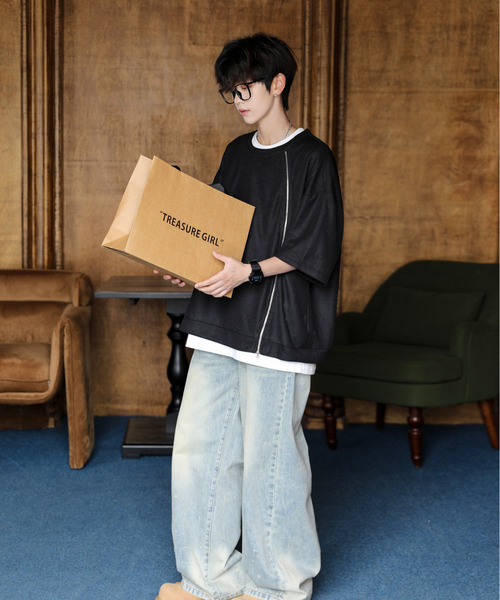 neos（ネオス）の「【neos】ルーズシルエット ショート丈 ZIP 切替 サーマル ハーフスリーブ カットソー（Tシャツ/カットソー・メンズ・ブラック/グレー/ブルー・MEDIUM/LARGE）」の8枚目の写真