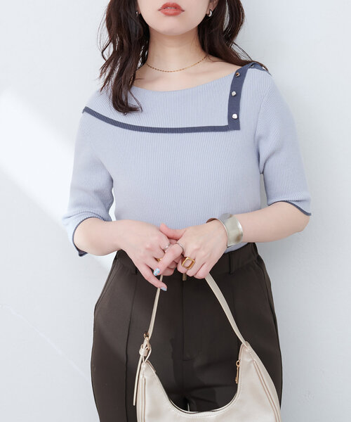 natural couture(ナチュラルクチュール)の「【WEB限定】オフショルアシメネックリブニット(ニット/セーター・レディース・サックスブルー/ネイビー/オフホワイト/ピンク・FREE)」の18枚目の写真