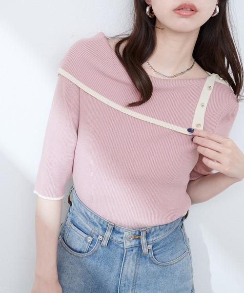 natural couture(ナチュラルクチュール)の「【WEB限定】オフショルアシメネックリブニット(ニット/セーター・レディース・サックスブルー/ネイビー/オフホワイト/ピンク・FREE)」の4枚目の写真