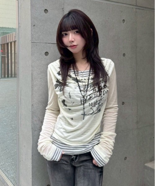 tシャツ border pattern layered tops レディース セール】border pattern layered tops（Tシャツ/カットソー