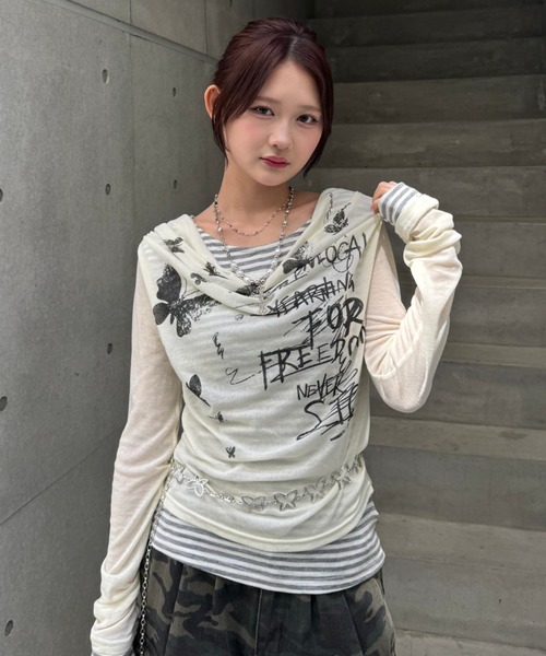 tシャツ border pattern layered tops レディース セール】border pattern layered tops（Tシャツ/カットソー