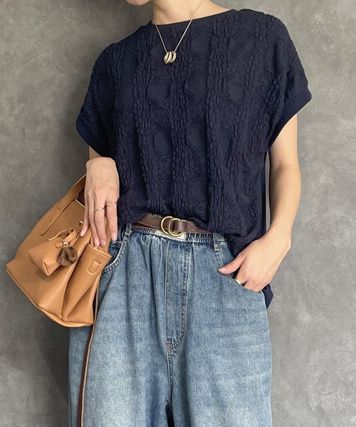 ikka(イッカ)の「レースジャガード切り替えプルオーバー(Tシャツ/カットソー・レディース・ネイビー/オフホワイト/ピンク/グリーン・S/M/L)」の3枚目の写真