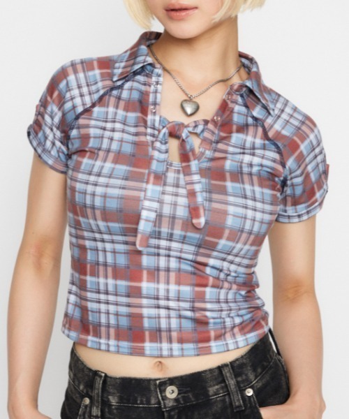 LAGUA GEM（ラグアジェム）の「CHECK COMPACT トップス（Tシャツ/カットソー・レディース・カーキ/ライトブルー/ネイビー・FREE）」の2枚目の写真