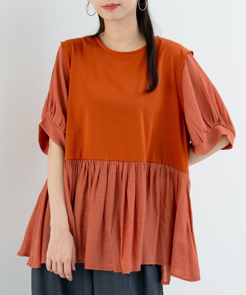 refinedworks(リファインドワークス)の「【refinedworks】トレンドデザイン!異素材切替プルオーバー(Tシャツ/カットソー・レディース・ホワイト/ブラウン/チャコールグレー・FREE)」の3枚目の写真