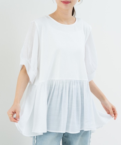 refinedworks(リファインドワークス)の「【refinedworks】トレンドデザイン!異素材切替プルオーバー(Tシャツ/カットソー・レディース・ホワイト/ブラウン/チャコールグレー・FREE)」の11枚目の写真