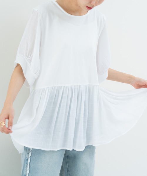 refinedworks(リファインドワークス)の「【refinedworks】トレンドデザイン!異素材切替プルオーバー(Tシャツ/カットソー・レディース・ホワイト/ブラウン/チャコールグレー・FREE)」の12枚目の写真