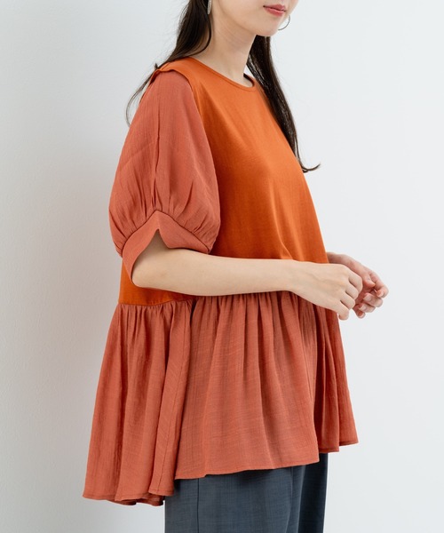 refinedworks(リファインドワークス)の「【refinedworks】トレンドデザイン!異素材切替プルオーバー(Tシャツ/カットソー・レディース・ホワイト/ブラウン/チャコールグレー・FREE)」の6枚目の写真