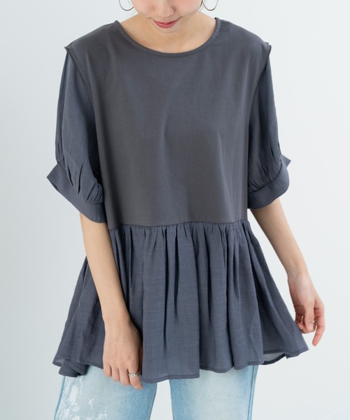 refinedworks(リファインドワークス)の「【refinedworks】トレンドデザイン!異素材切替プルオーバー(Tシャツ/カットソー・レディース・ホワイト/ブラウン/チャコールグレー・FREE)」の8枚目の写真