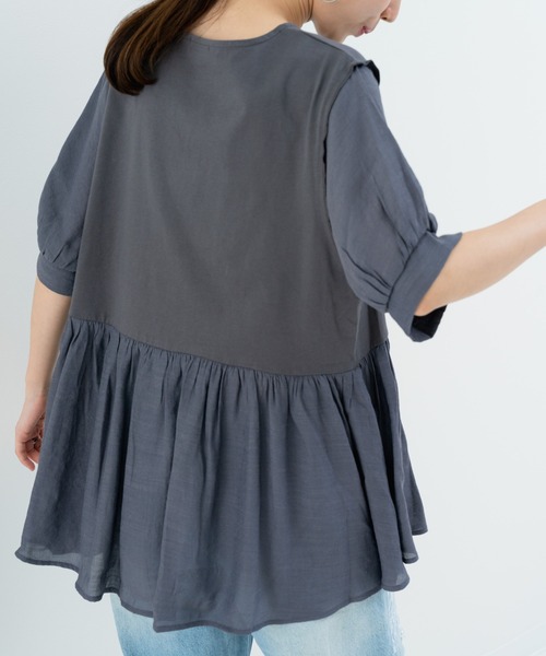 refinedworks(リファインドワークス)の「【refinedworks】トレンドデザイン!異素材切替プルオーバー(Tシャツ/カットソー・レディース・ホワイト/ブラウン/チャコールグレー・FREE)」の9枚目の写真