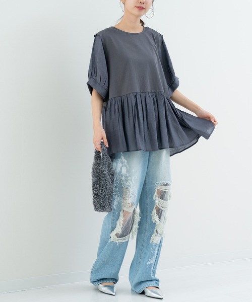 refinedworks(リファインドワークス)の「【refinedworks】トレンドデザイン!異素材切替プルオーバー(Tシャツ/カットソー・レディース・ホワイト/ブラウン/チャコールグレー・FREE)」の20枚目の写真