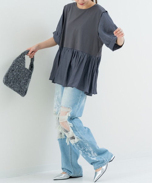 refinedworks(リファインドワークス)の「【refinedworks】トレンドデザイン!異素材切替プルオーバー(Tシャツ/カットソー・レディース・ホワイト/ブラウン/チャコールグレー・FREE)」の21枚目の写真