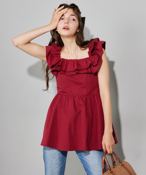 Seemi. byNICECLAUP( シーミーバイナイスクラップ)の「【Seemi.】フリルブラウス(シャツ/ブラウス・レディース・ブラック/レッド/ドット・FREE)」の5枚目の写真