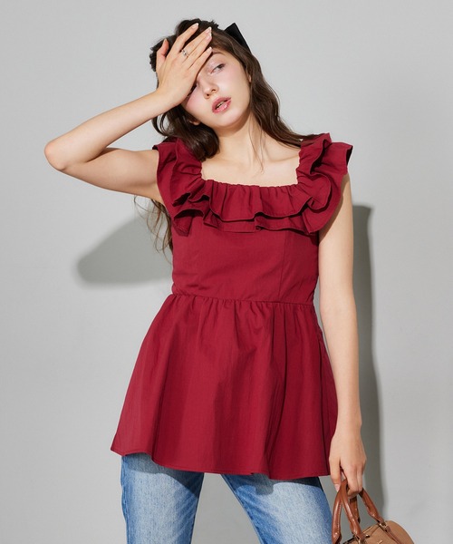 Seemi. byNICECLAUP( シーミーバイナイスクラップ)の「【Seemi.】フリルブラウス(シャツ/ブラウス・レディース・ブラック/レッド/ドット・FREE)」の6枚目の写真