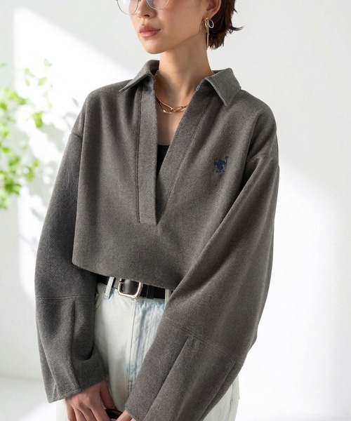 Classical Evon(クラシカルエヴォン)の「【Classical Evon】優しく上品見え。圧縮ニット襟付きキーネックプルオーバー(Tシャツ/カットソー・レディース・ベージュ/チャコール/ブラウン・LARGE/MEDIUM/SMALL/X-LARGE)」の2枚目の写真