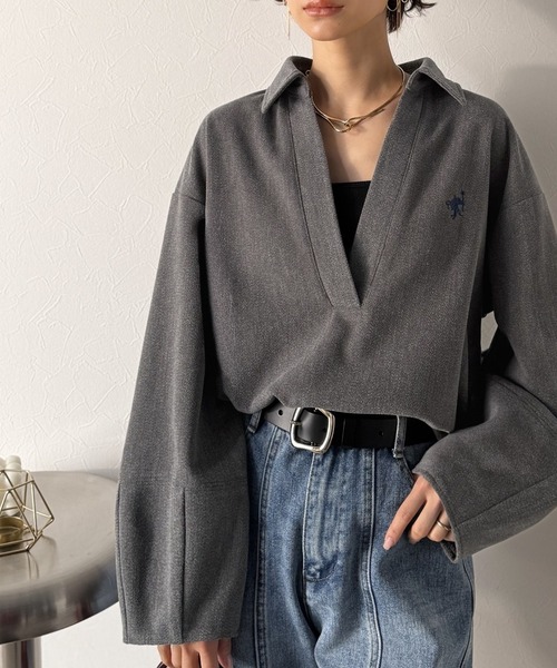 Classical Evon(クラシカルエヴォン)の「【Classical Evon】優しく上品見え。圧縮ニット襟付きキーネックプルオーバー(Tシャツ/カットソー・レディース・ベージュ/チャコール/ブラウン・LARGE/MEDIUM/SMALL/X-LARGE)」の18枚目の写真