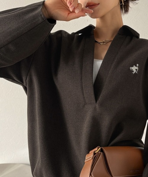 Classical Evon(クラシカルエヴォン)の「【Classical Evon】優しく上品見え。圧縮ニット襟付きキーネックプルオーバー(Tシャツ/カットソー・レディース・ベージュ/チャコール/ブラウン・LARGE/MEDIUM/SMALL/X-LARGE)」の9枚目の写真