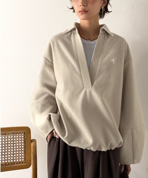 Classical Evon(クラシカルエヴォン)の「【Classical Evon】優しく上品見え。圧縮ニット襟付きキーネックプルオーバー(Tシャツ/カットソー・レディース・ベージュ/チャコール/ブラウン・LARGE/MEDIUM/SMALL/X-LARGE)」の15枚目の写真