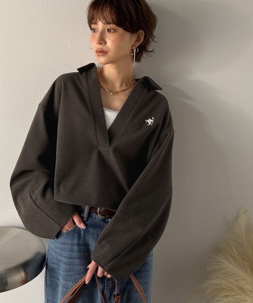 Classical Evon(クラシカルエヴォン)の「【Classical Evon】優しく上品見え。圧縮ニット襟付きキーネックプルオーバー(Tシャツ/カットソー・レディース・ベージュ/チャコール/ブラウン・LARGE/MEDIUM/SMALL/X-LARGE)」の7枚目の写真