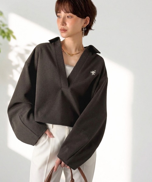 Classical Evon(クラシカルエヴォン)の「【Classical Evon】優しく上品見え。圧縮ニット襟付きキーネックプルオーバー(Tシャツ/カットソー・レディース・ベージュ/チャコール/ブラウン・LARGE/MEDIUM/SMALL/X-LARGE)」の5枚目の写真