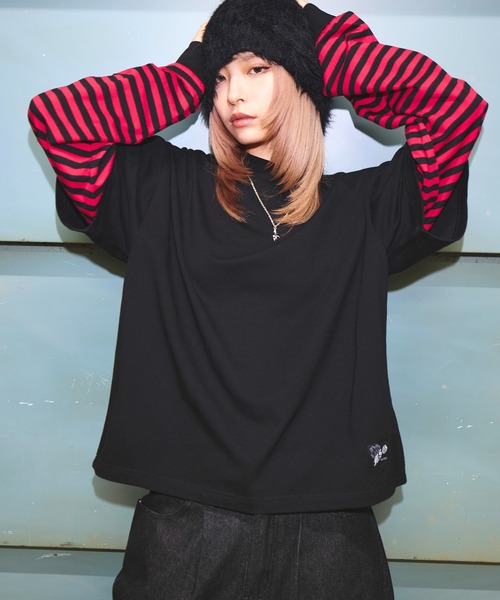 MSG(エムエスジー)の「ヘビーウエイトフェイクレイヤードロンT カモフラージュ柄 ボーダー【UNISEX】(Tシャツ/カットソー・メンズ・ブラック×ブラック/ブラック×レッド/ホワイト系/ブラック系・XL/L/M/S)」の1枚目の写真