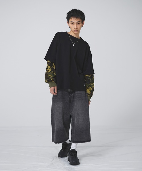 MSG(エムエスジー)の「ヘビーウエイトフェイクレイヤードロンT カモフラージュ柄 ボーダー【UNISEX】(Tシャツ/カットソー・メンズ・ブラック×ブラック/ブラック×レッド/ホワイト系/ブラック系・XL/L/M/S)」の6枚目の写真