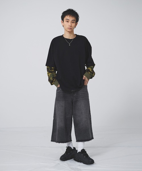 MSG(エムエスジー)の「ヘビーウエイトフェイクレイヤードロンT カモフラージュ柄 ボーダー【UNISEX】(Tシャツ/カットソー・メンズ・ブラック×ブラック/ブラック×レッド/ホワイト系/ブラック系・XL/L/M/S)」の7枚目の写真