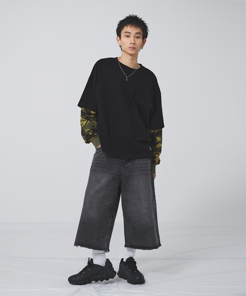 MSG(エムエスジー)の「ヘビーウエイトフェイクレイヤードロンT カモフラージュ柄 ボーダー【UNISEX】(Tシャツ/カットソー・メンズ・ブラック×ブラック/ブラック×レッド/ホワイト系/ブラック系・XL/L/M/S)」の9枚目の写真