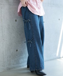 サイドリボンワイドデニムパンツ【大きいサイズ対応】