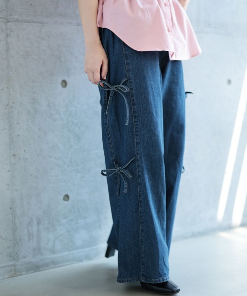 Ruwan yu(ルワンユー)の「サイドリボンワイドデニムパンツ【大きいサイズ対応】(デニムパンツ・レディース・ネイビー・LL/3L/4L/L)」の6枚目の写真