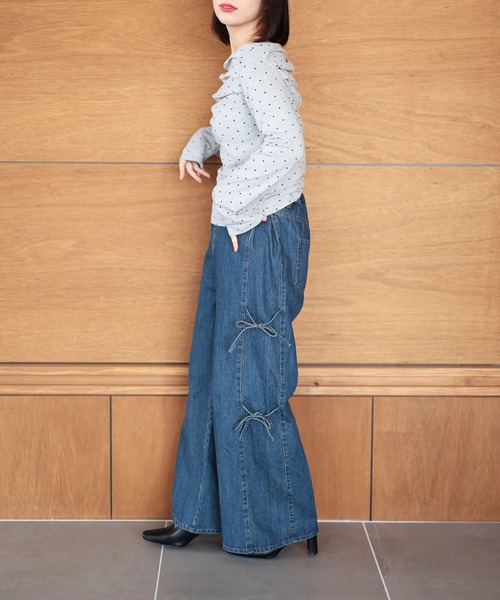 Ruwan yu(ルワンユー)の「サイドリボンワイドデニムパンツ【大きいサイズ対応】(デニムパンツ・レディース・ネイビー・LL/3L/4L/L)」の7枚目の写真