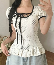 HILLDA ドット柄フリル付きTシャツ ドット柄フリル袖黒TシャツM 新品タグ付き！！ - メルカリ