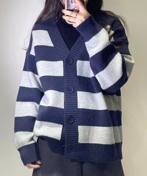 gossip！ロサンゼルス（ゴシップロサンゼルス）の「オーバーサイズ ボーダーシンプルカジュアルカーディガン（カーディガン/ボレロ・レディース・ワインレッド/グレー・FREE）」の2枚目の写真