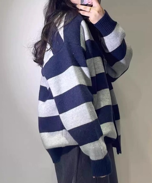 gossip！ロサンゼルス（ゴシップロサンゼルス）の「オーバーサイズ ボーダーシンプルカジュアルカーディガン（カーディガン/ボレロ・レディース・ワインレッド/グレー・FREE）」の9枚目の写真