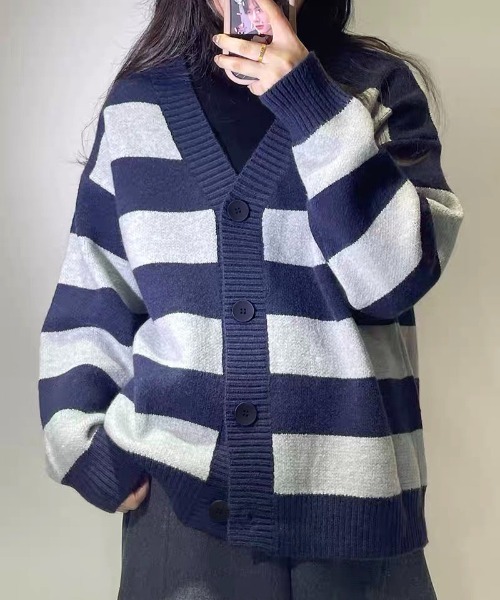 gossip！ロサンゼルス（ゴシップロサンゼルス）の「オーバーサイズ ボーダーシンプルカジュアルカーディガン（カーディガン/ボレロ・レディース・ワインレッド/グレー・FREE）」の13枚目の写真